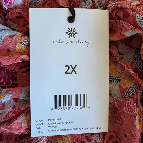 NEW Women Plus 2X Chiffon Pink Floral Relax Fit Blouse Gold Sparkle A Love Story - Picture 11 of 11